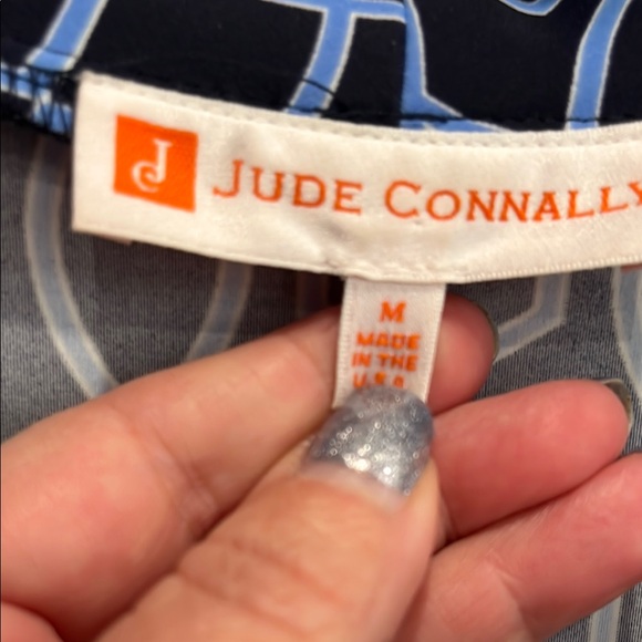 Jude Connally Blue Midi Dress with Geometric Pattern and V-Neck - Picture 2 of 6